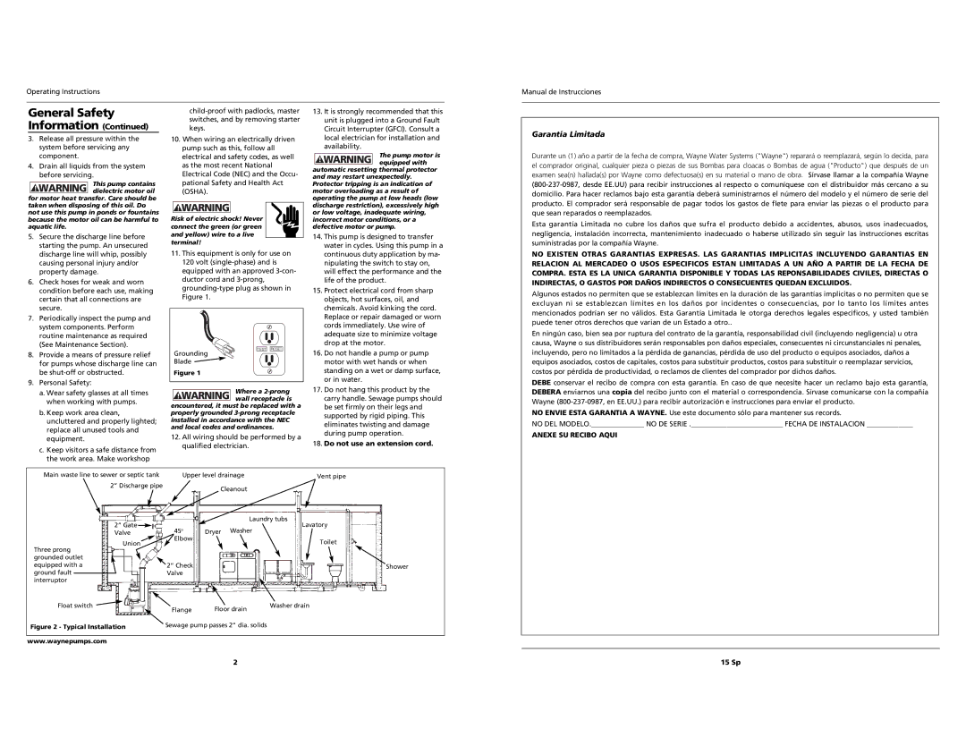 Wayne RPP50 specifications Garantía Limitada, Do not use an extension cord, Anexe SU Recibo Aqui, 15 Sp 