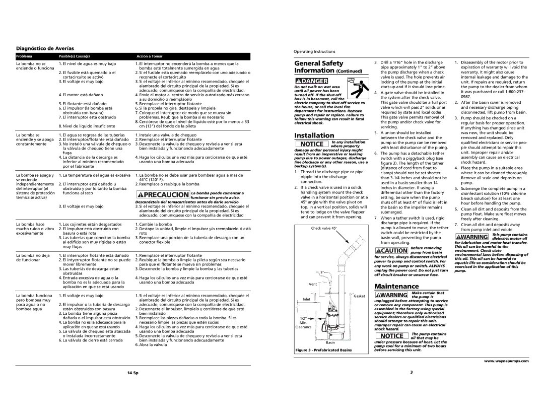 Wayne RPP50 specifications Installation, Maintenance, Diagnóstico de Averías, 14 Sp 