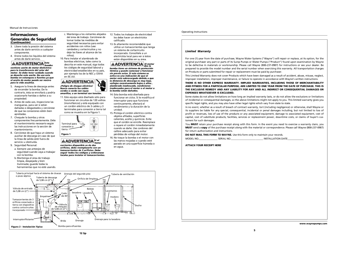 Wayne RPP50 Advertencia Sitomael, Advertencia El motor, Informaciones Generales de Seguridad, Limited Warranty 