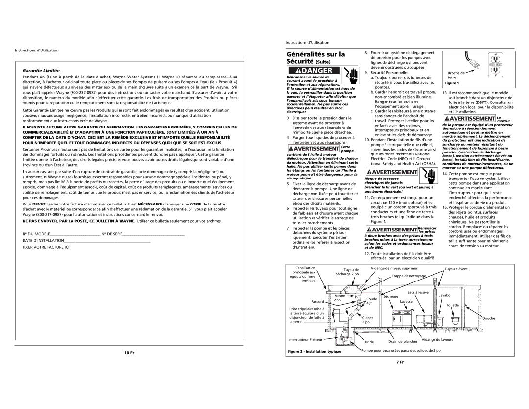 Wayne RPP50 Généralités sur la Sécurité Suite, Avertissement Cettepompe, AVERTISSEMENTRemplacer, Avertissement Lemoteur 