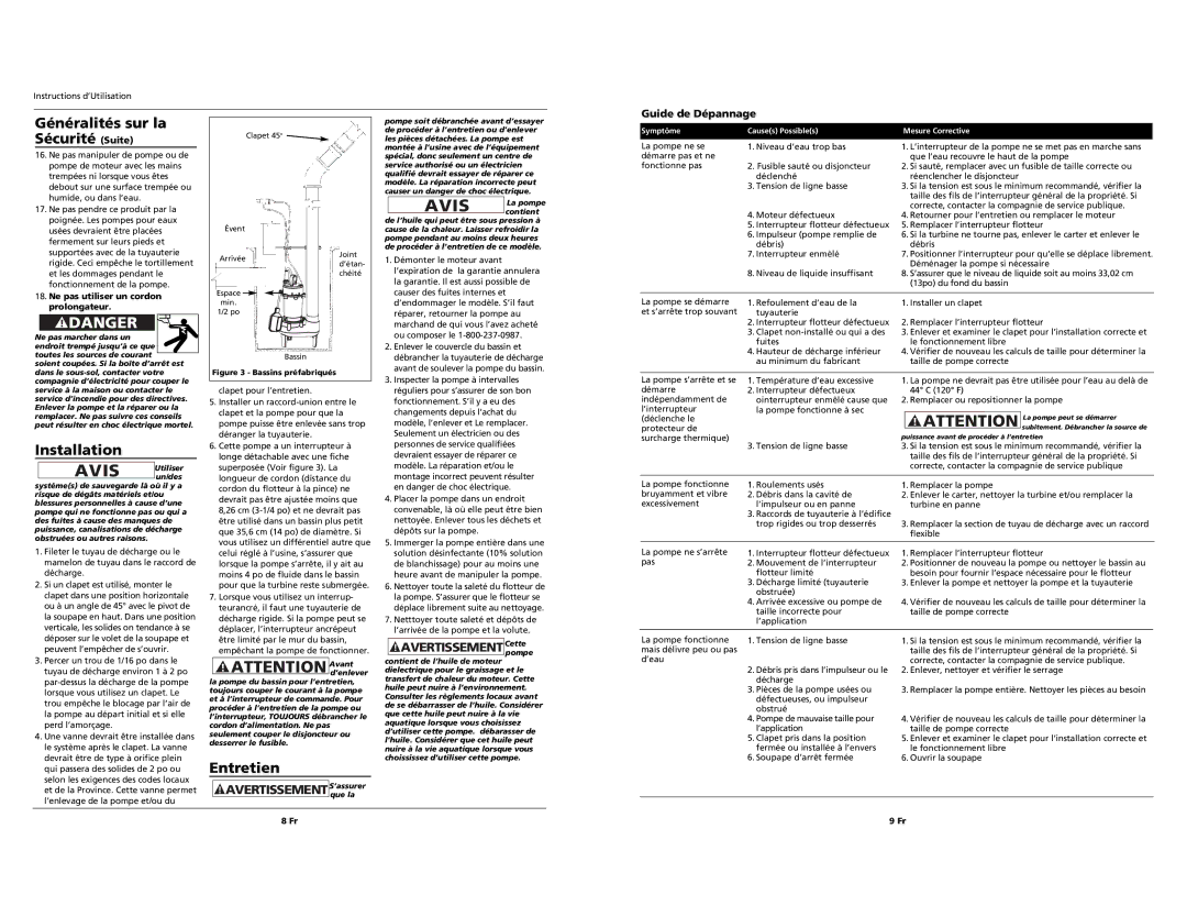 Wayne RPP50 specifications Entretien, AVERTISSEMENTS’assurer, AVERTISSEMENTCettepompe, Guide de Dépannage 