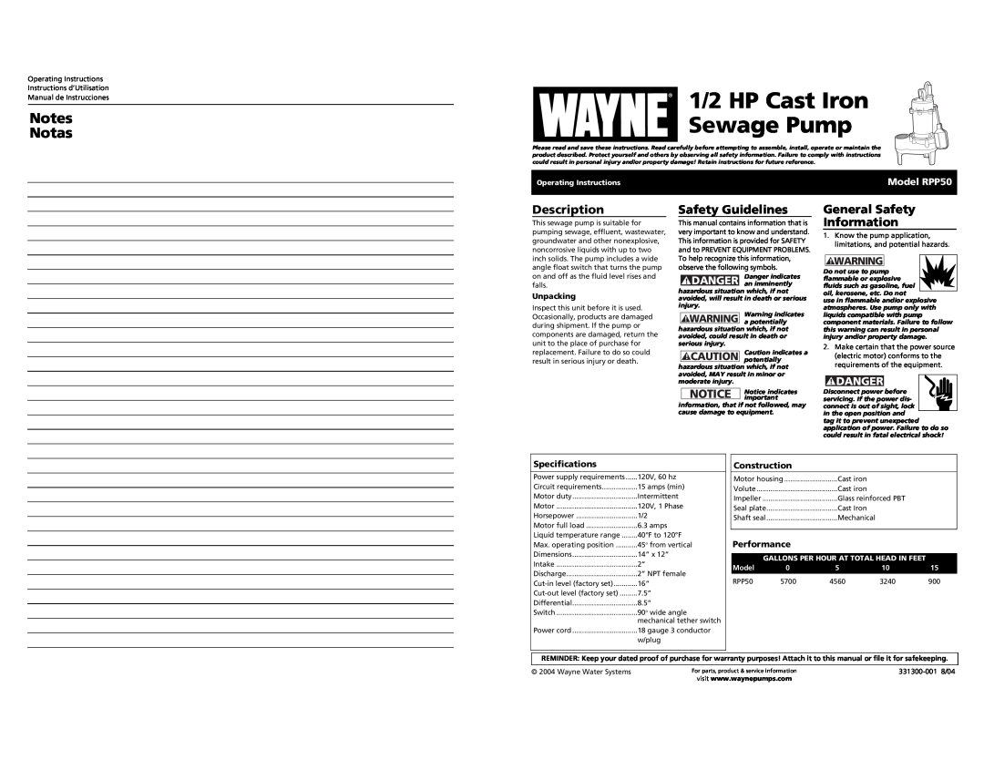 Wayne RPP50 specifications 1/2 HP Cast Iron Sewage Pump, Description, Safety Guidelines, General Safety Information 