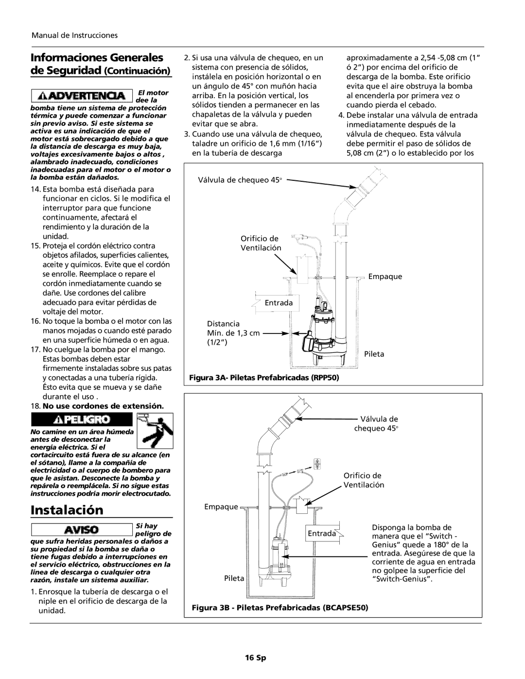 Wayne RPPCAP50, 331301-001 operating instructions Instalación, De Seguridad Continuación 