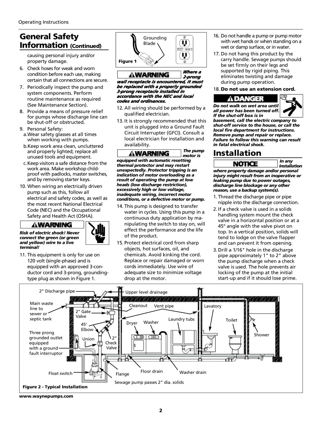 Wayne RPPCAP50 Installation, Operating Instructions, Causing personal injury and/or property damage, Pump motor is 