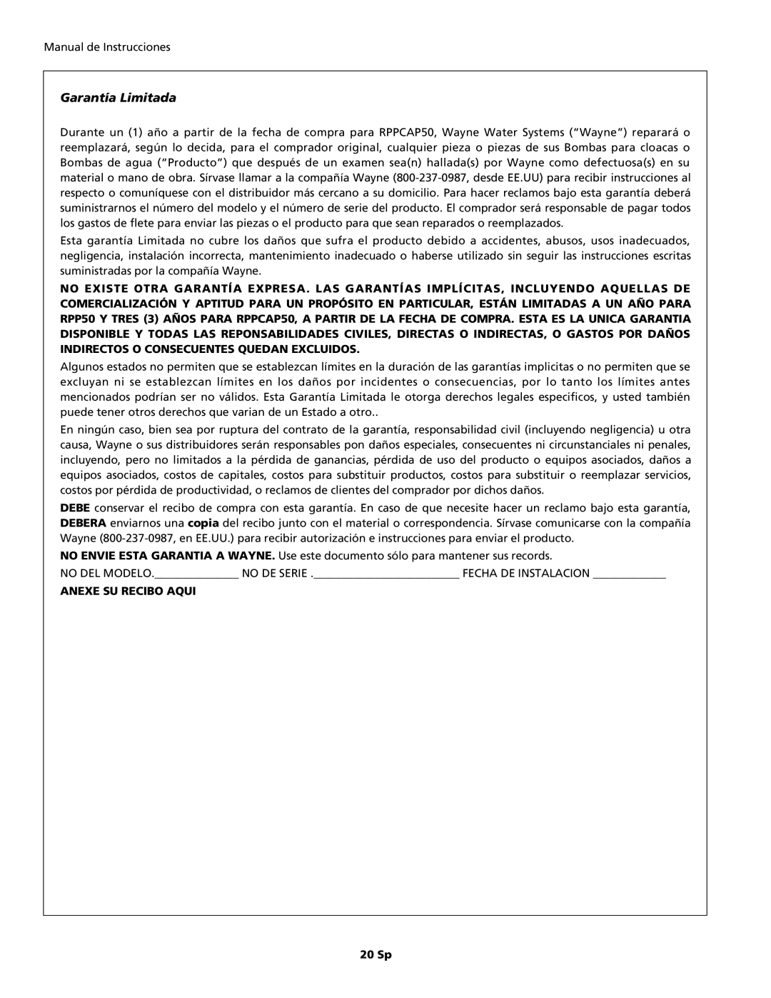 Wayne RPPCAP50, 331301-001 operating instructions Garantía Limitada, Anexe SU Recibo Aqui 