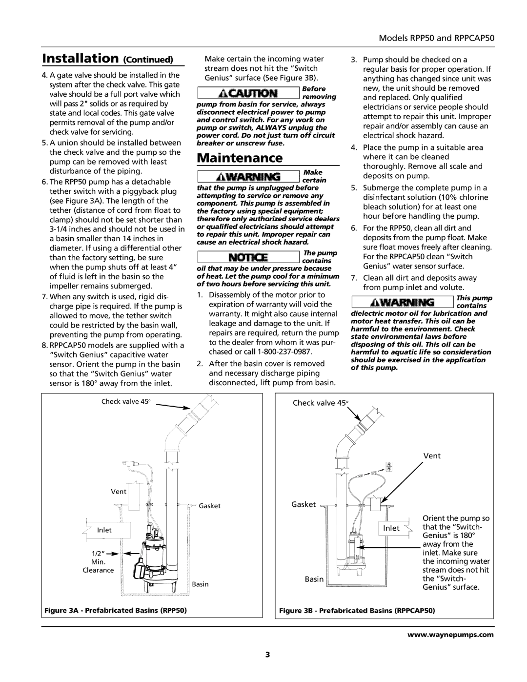 Wayne 331301-001 Maintenance, Check valve 45o Vent Gasket, Basin Switch Genius surface, Make certain, Pump contains 