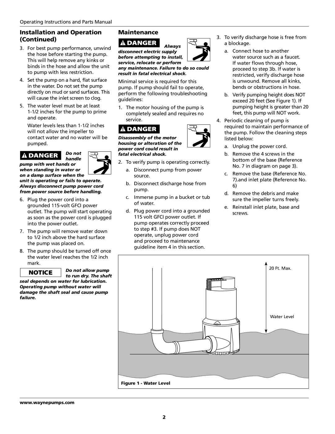 Wayne RUP160, 352001-001 warranty Installation and Operation Maintenance, Water Level 