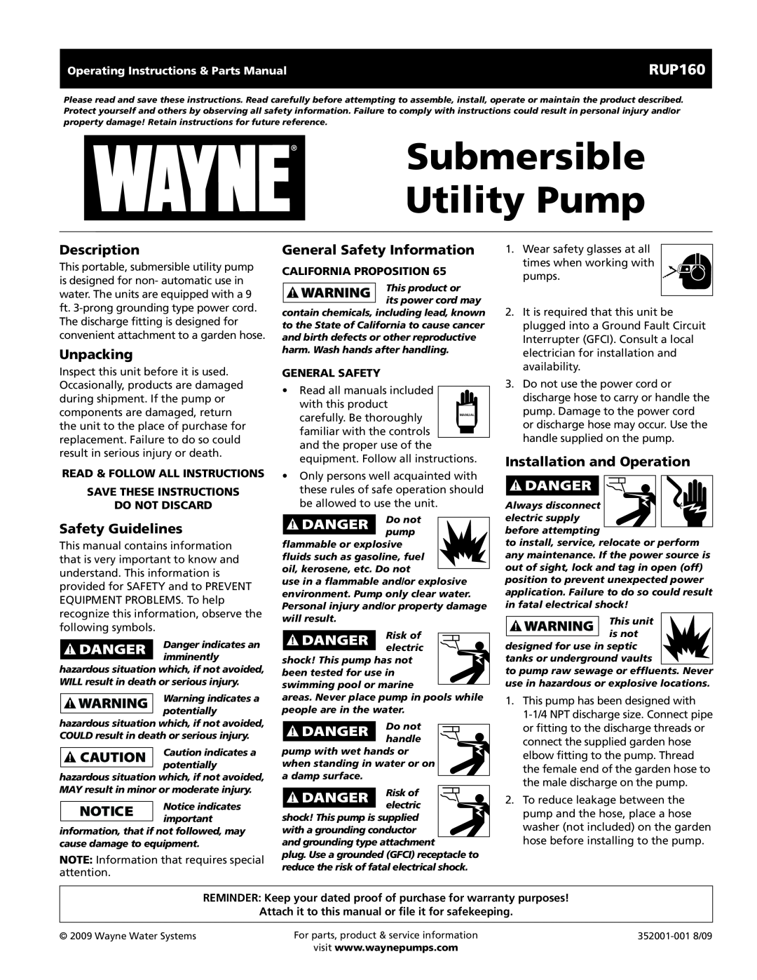 Wayne 352001-001 warranty Description, Unpacking, Safety Guidelines, General Safety Information, California Proposition 