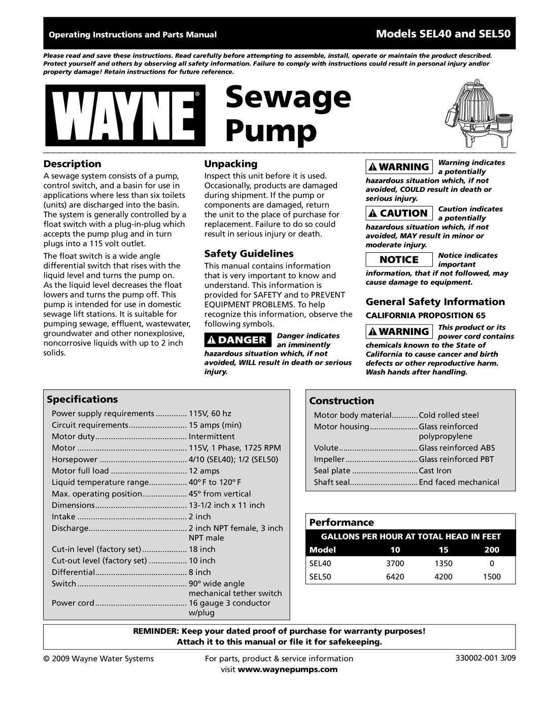 Wayne SEL40, SEL50 specifications Description, Unpacking, Safety Guidelines, General Safety Information, Specifications 