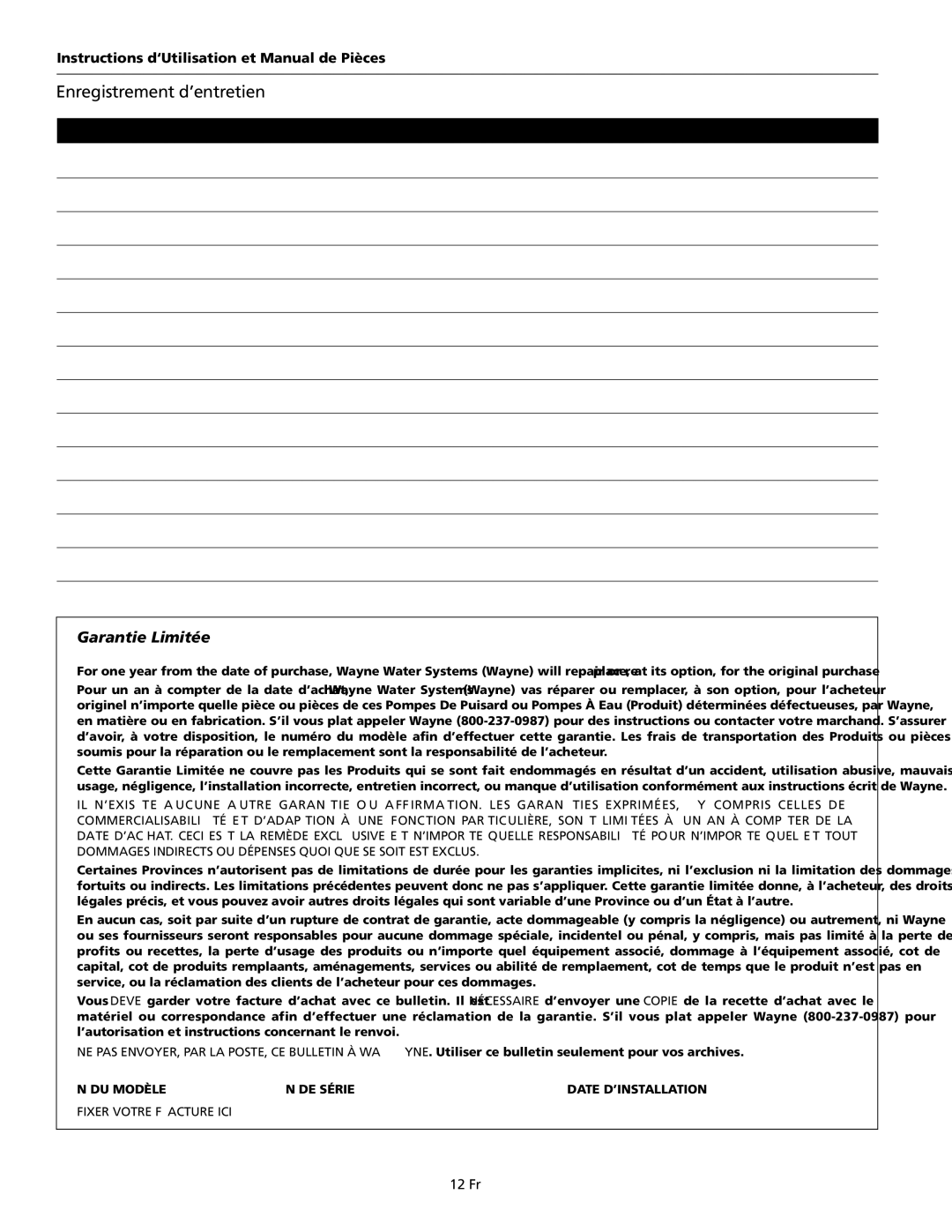 Wayne SEL50, SEL40, 330002-001 Enregistrement d’entretien, 12 Fr, Date Entretien exécuté Éléments de remplacement requis 