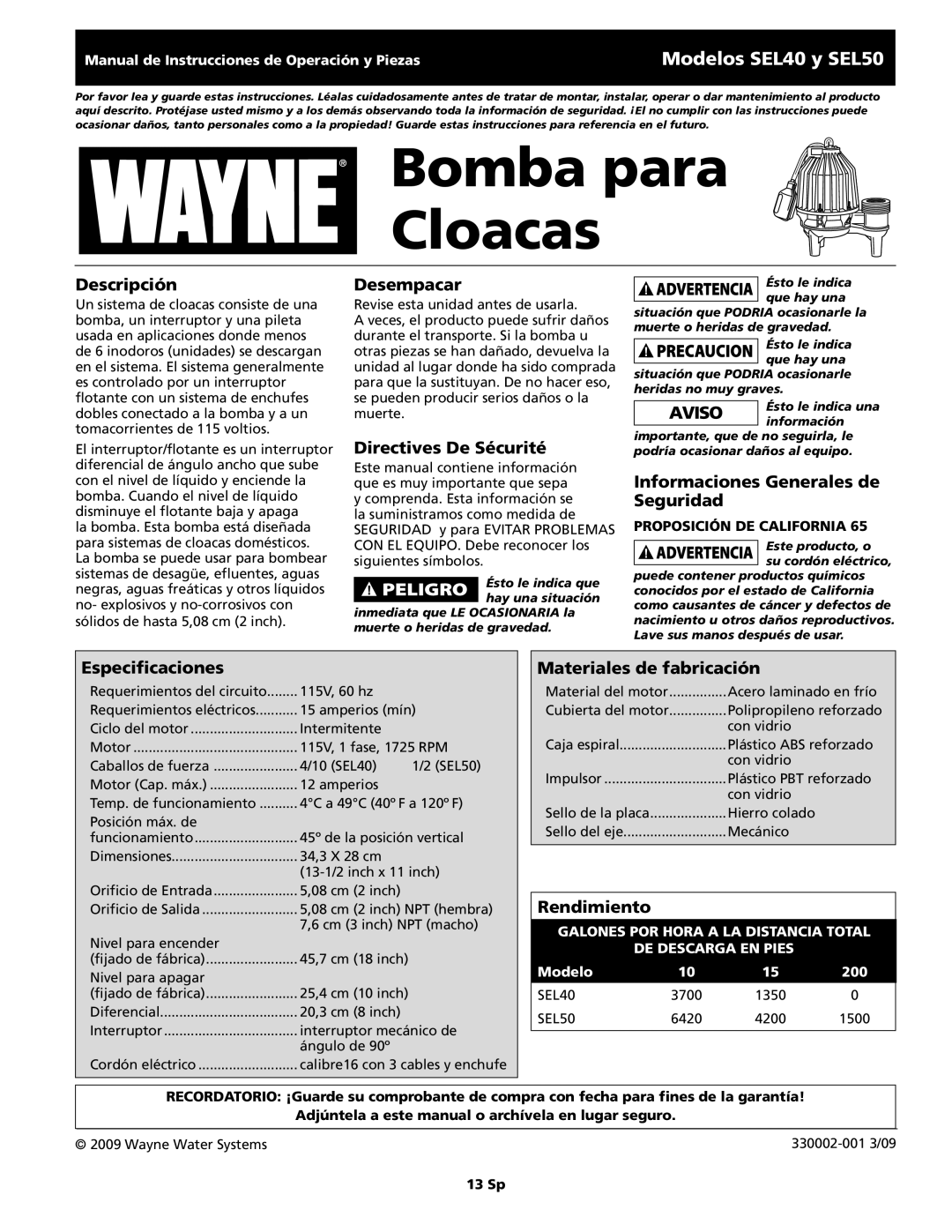 Wayne SEL40 Descripción, Desempacar, Informaciones Generales de Seguridad, Especificaciones, Materiales de fabricación 