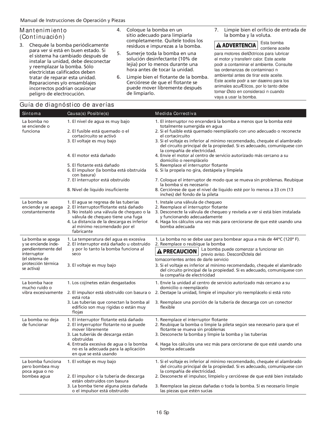 Wayne SEL40, SEL50, 330002-001 specifications Mantenimiento Continuación, Guía de diagnóstico de averías, 16 Sp 