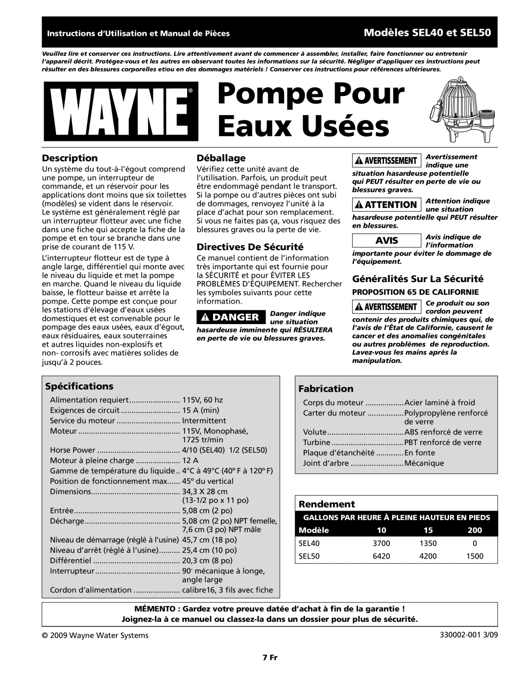 Wayne SEL40, SEL50 Déballage, Directives De Sécurité, Généralités Sur La Sécurité, Spécifications, Fabrication, Rendement 