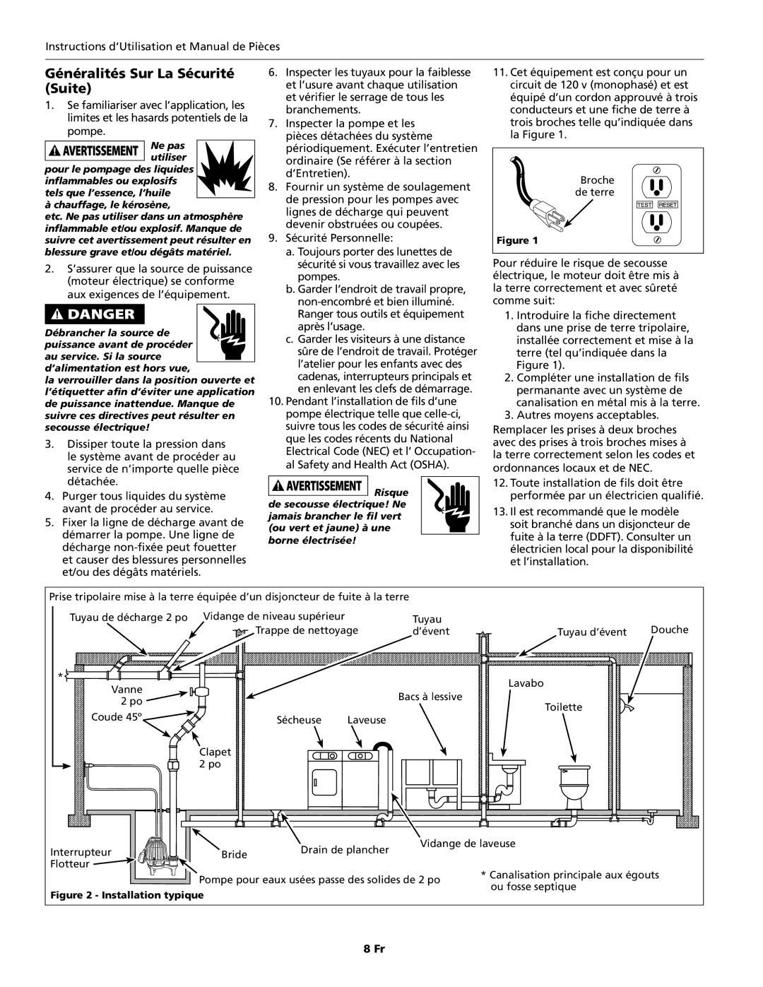 Wayne 330002-001, SEL50, SEL40 specifications Généralités Sur La Sécurité Suite, Installation typique 