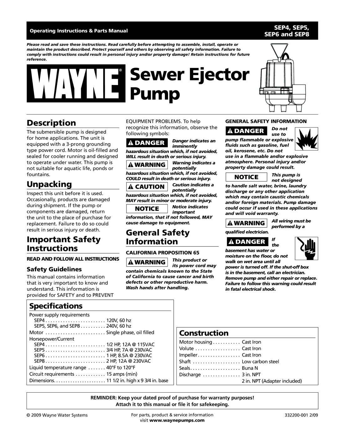 Wayne SEP4 important safety instructions Description, Unpacking, Important Safety Instructions, General Safety Information 