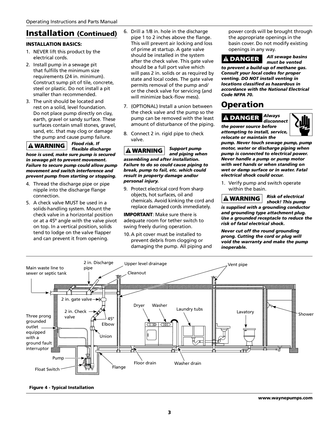 Wayne SEP6, SEP8, SEP4, SEP5, 332200-001 important safety instructions Operation, Installation Basics 