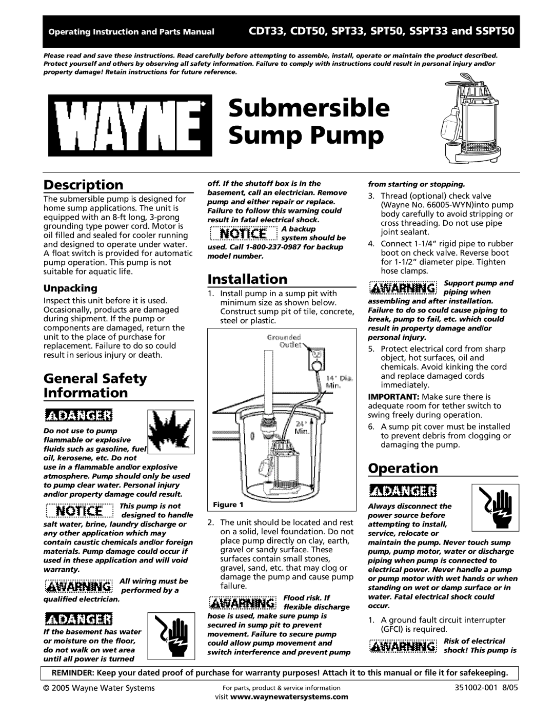 Wayne SPT33, SSPT50 warranty Submersible Sump Pump, Description, General Safety Information, Installation, Operation 