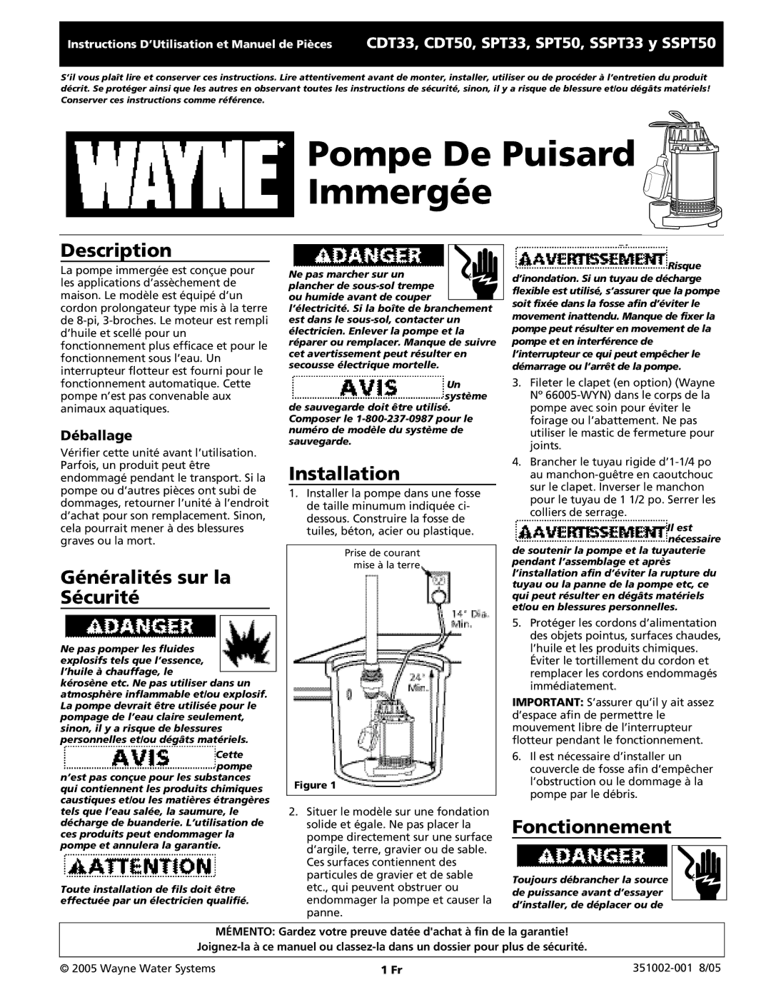 Wayne CDT33, SSPT50, SSPT33, CDT50 Pompe De Puisard Immergée, Généralités sur la Sécurité, Fonctionnement, Déballage 