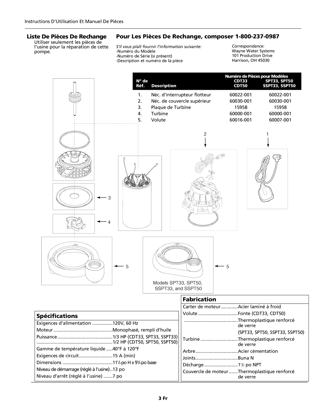 Wayne SSPT50, SSPT33, CDT50, CDT33, 351002-001 warranty Spécifications, Fabrication 