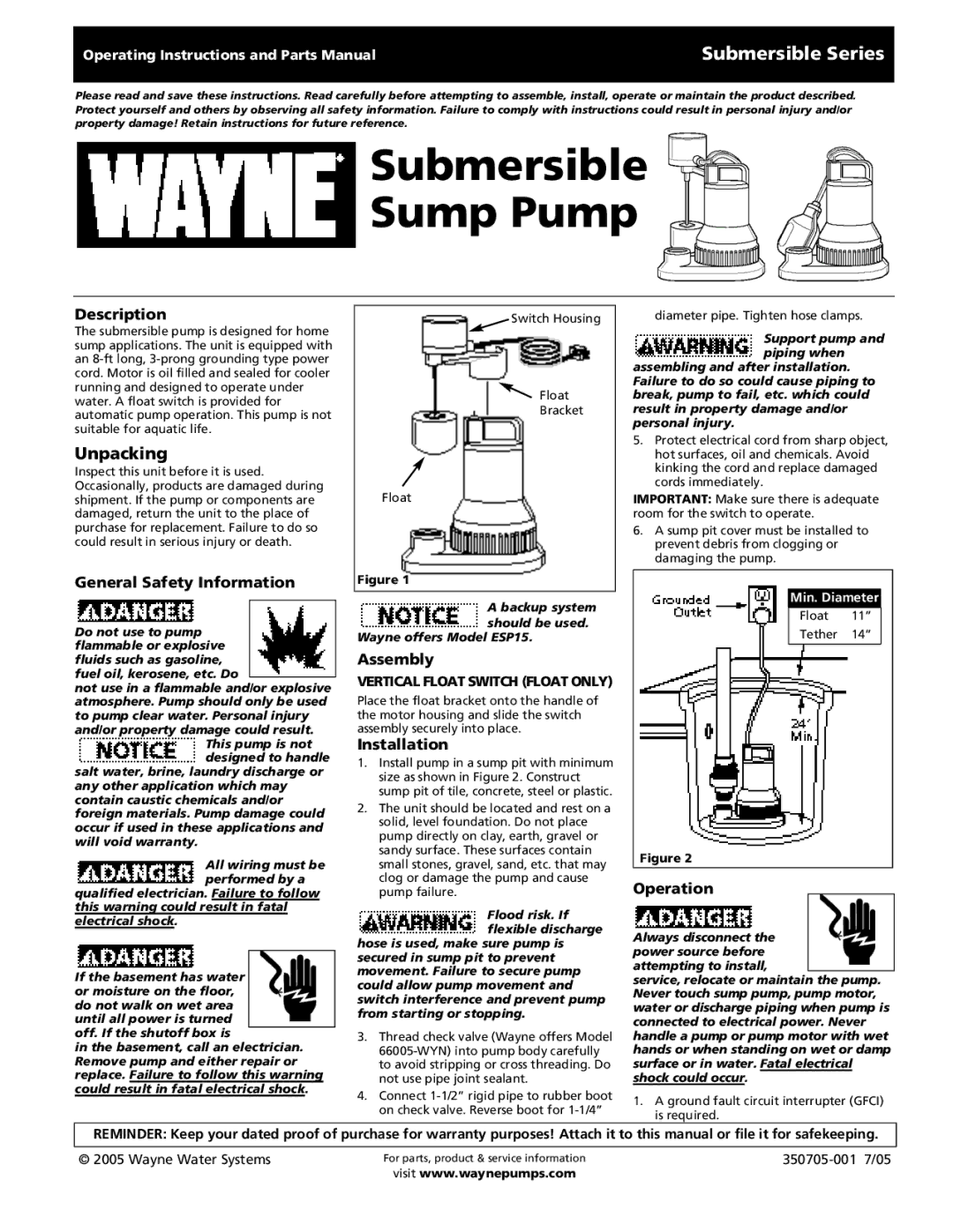 Wayne 350705-001 operating instructions Submersible Sump Pump, Submersible Series, Unpacking 