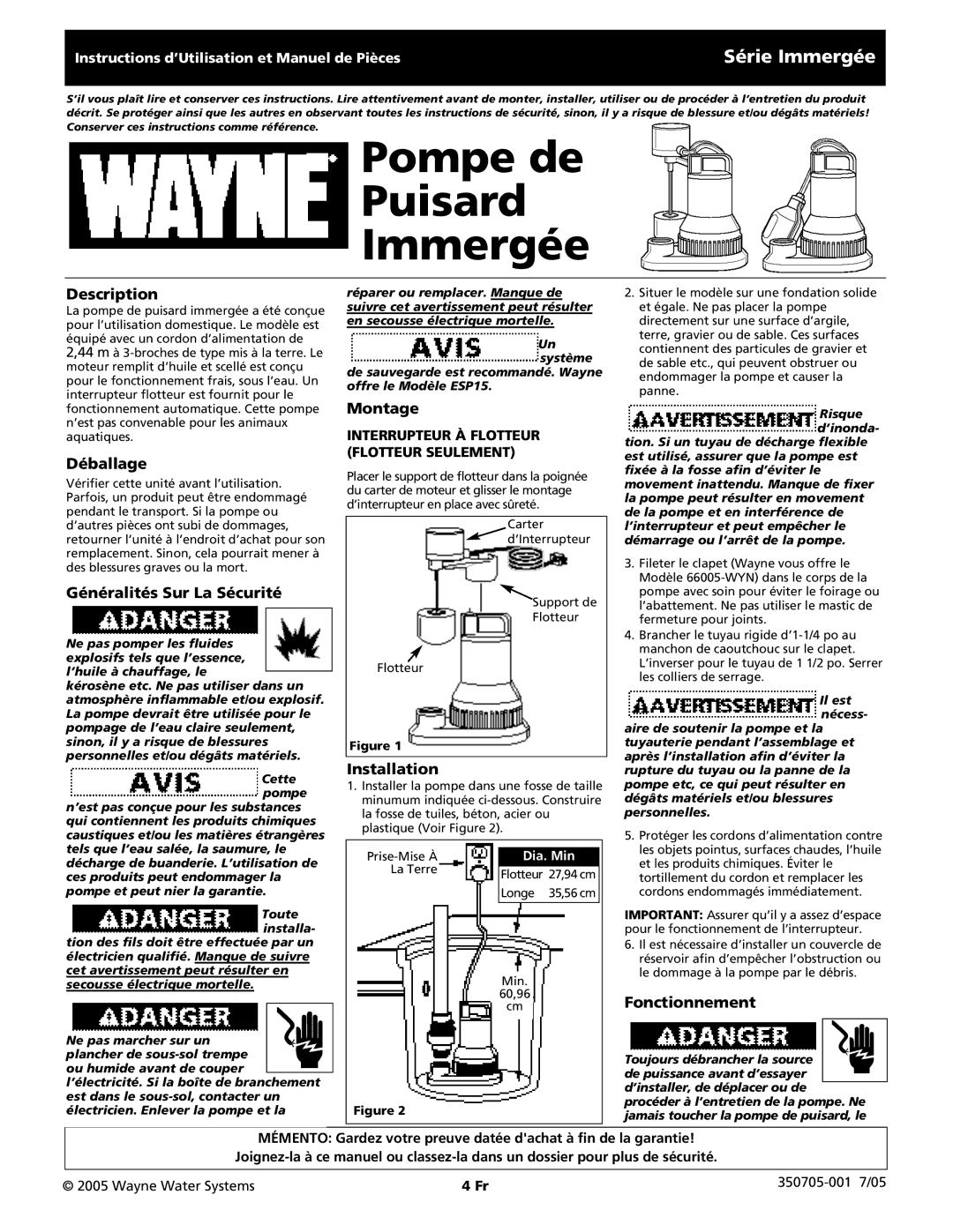 Wayne Submersible Series, 350705-001 operating instructions Pompe de Puisard Immergée, Série Immergée 