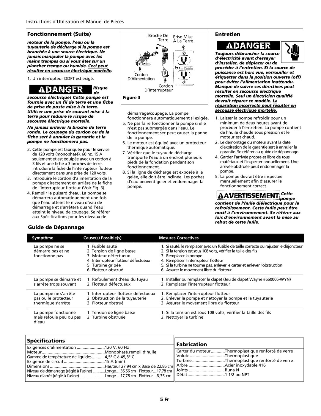 Wayne 350705-001, Submersible Series Fonctionnement Suite, Entretien, Guide de Dépannage, Spécifications, Fabrication 