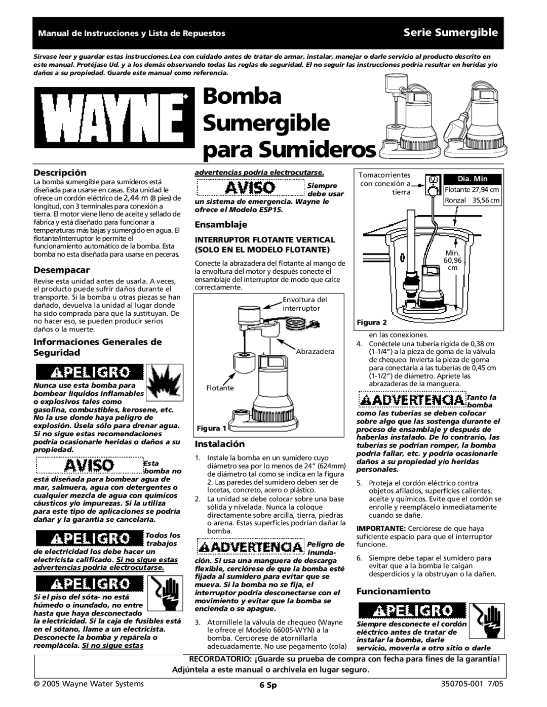 Wayne Submersible Series, 350705-001 operating instructions Serie Sumergible 