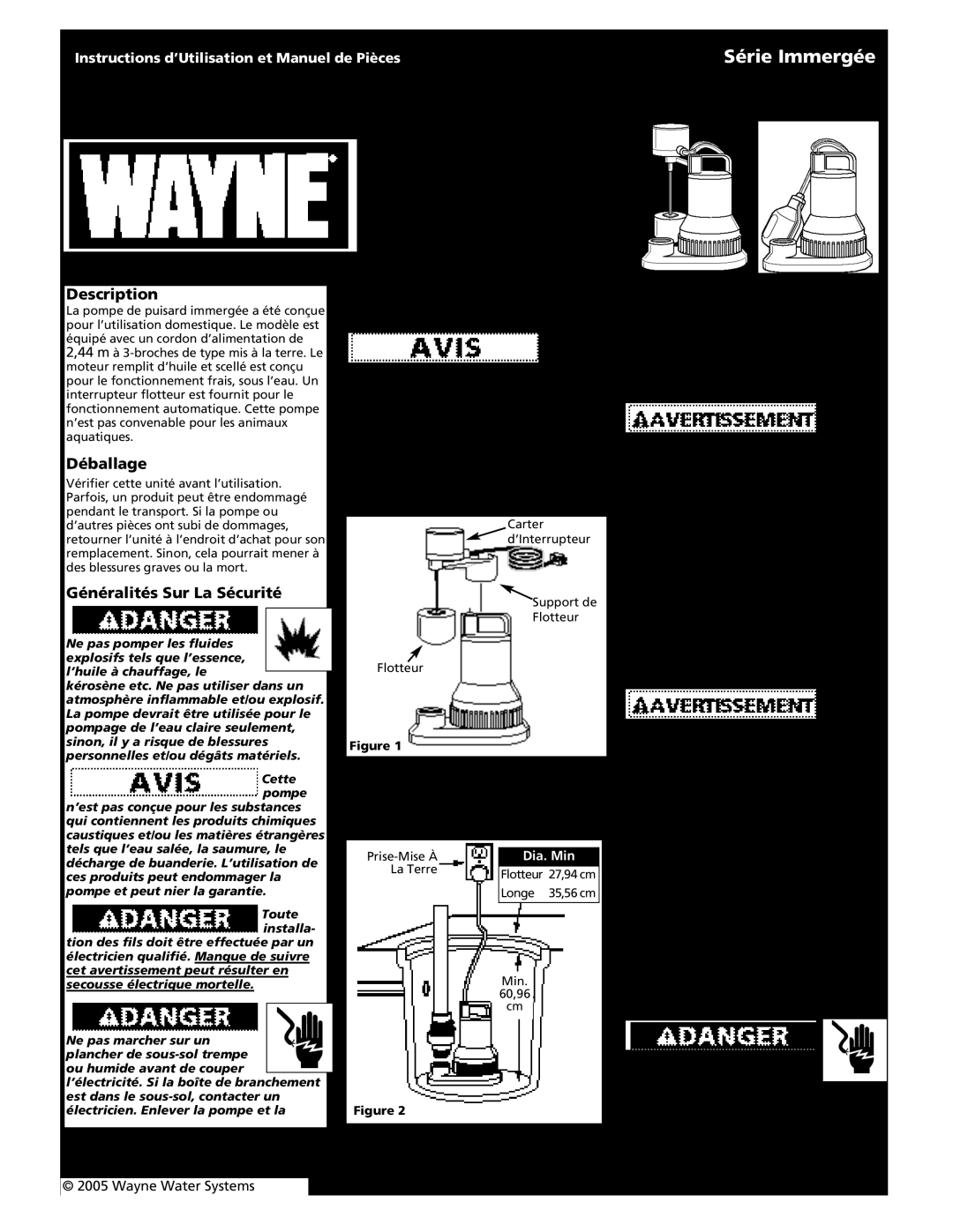 Wayne Submersible Series Pompe de Puisard Immergée, Série Immergée, Déballage, Généralités Sur La Sécurité, Montage, 4 Fr 