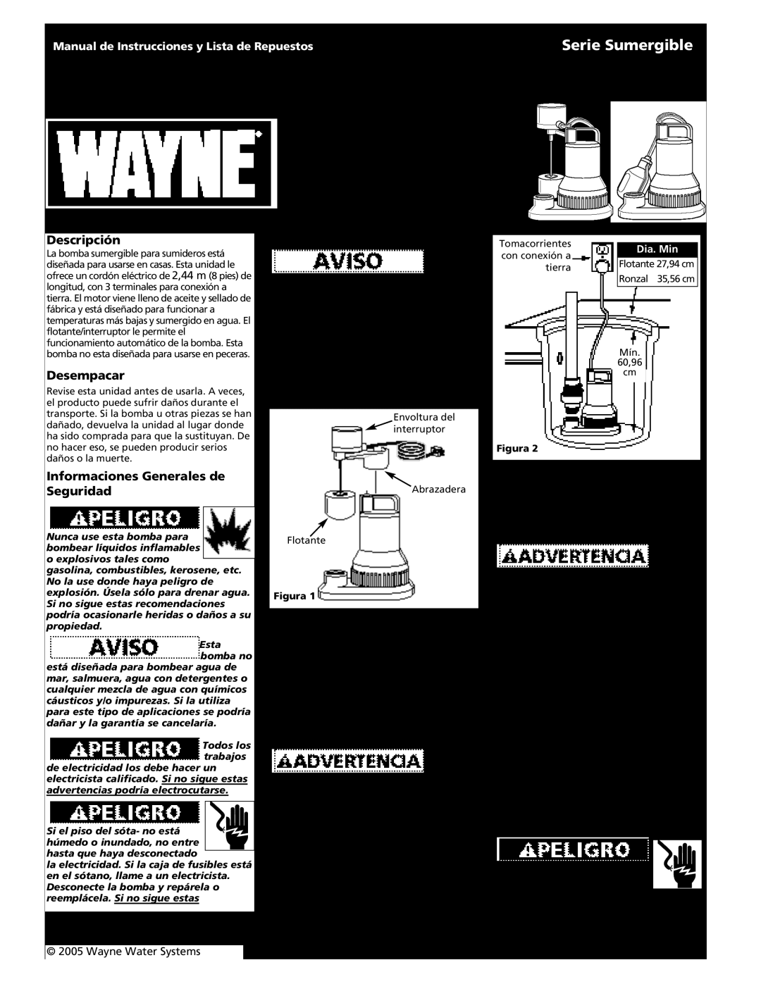 Wayne Submersible Series Serie Sumergible, Descripción, Desempacar, Ensamblaje, Informaciones Generales de Seguridad, 6 Sp 