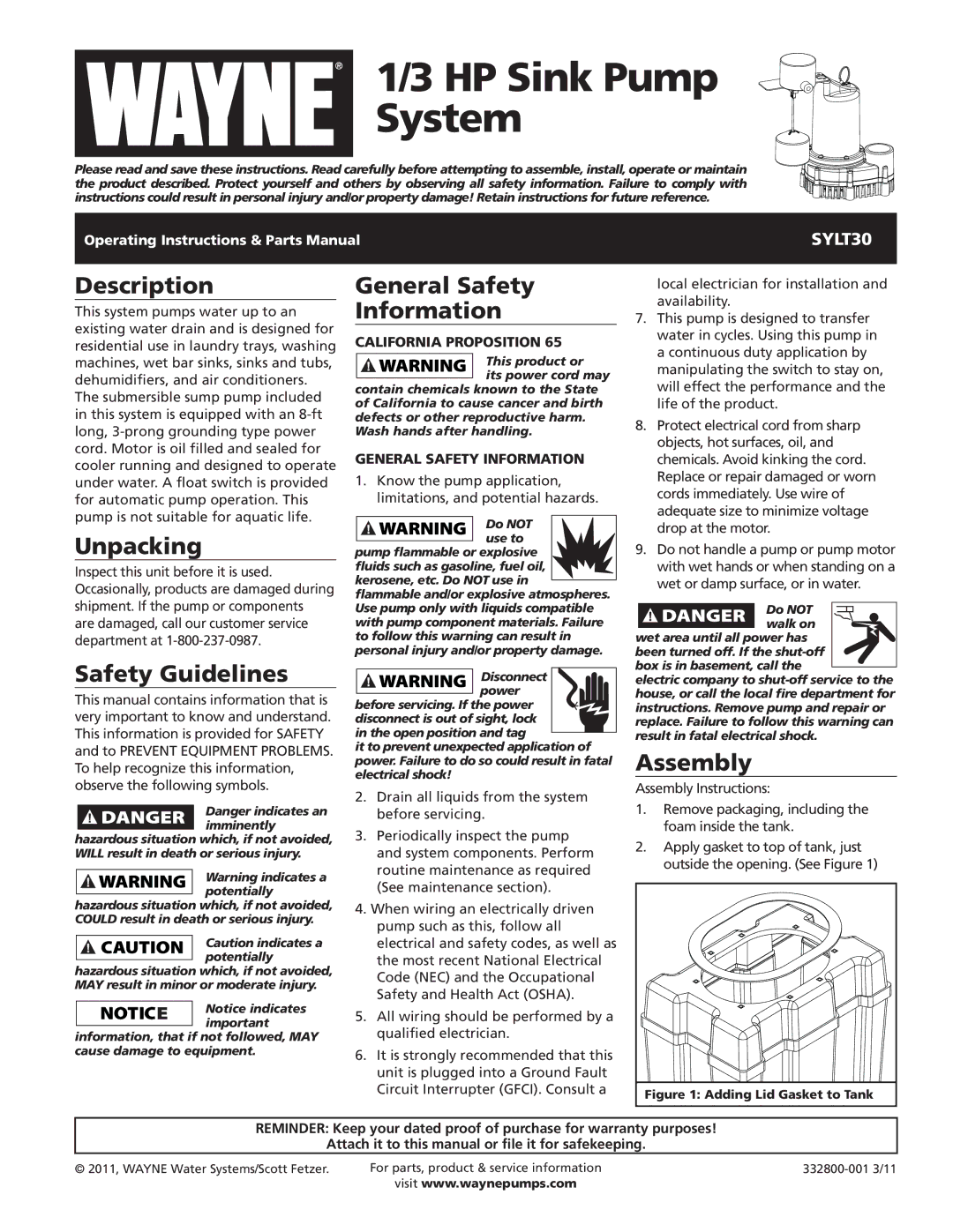 Wayne SYLT30 warranty Description, Unpacking, Safety Guidelines, General Safety Information, Assembly 