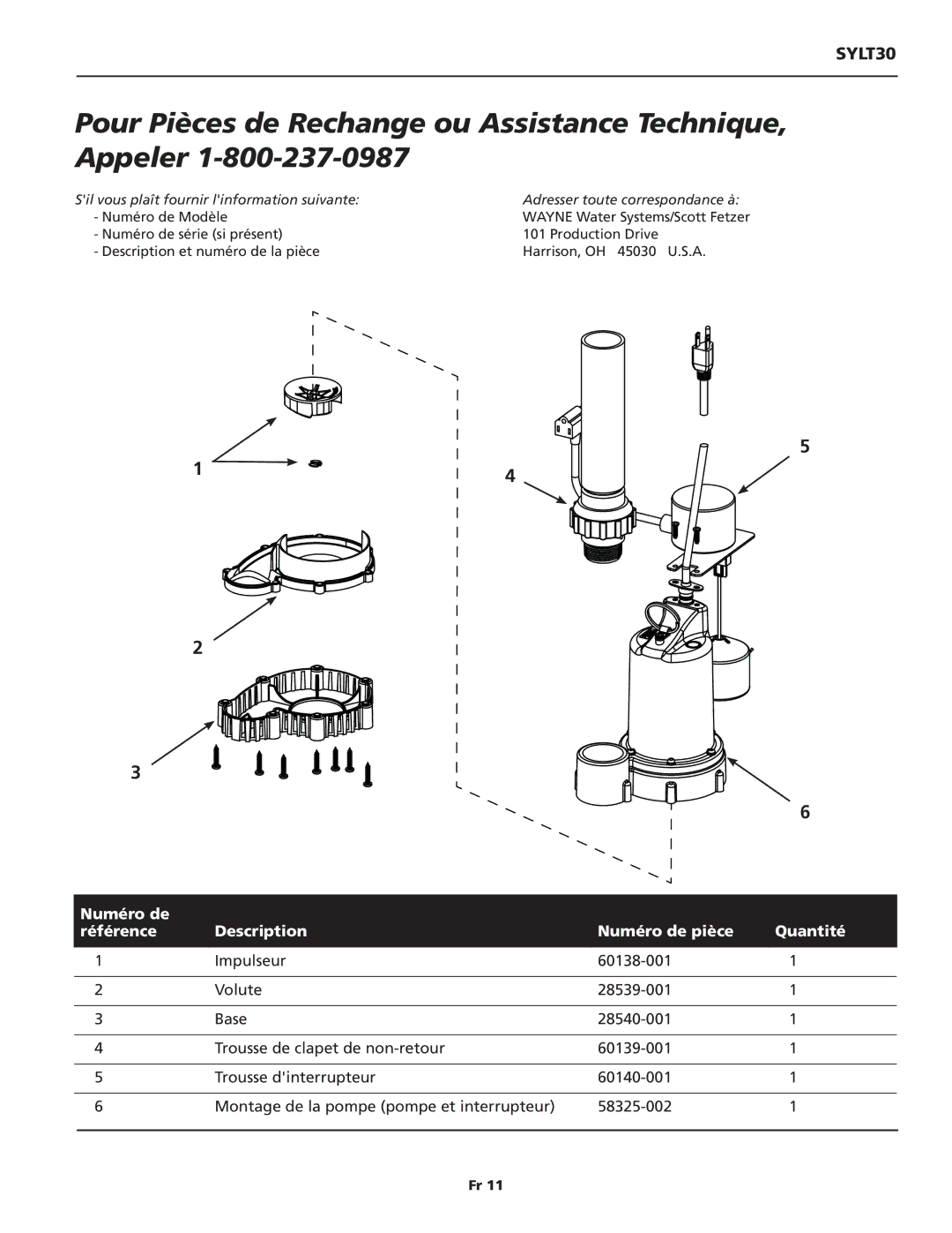 Wayne SYLT30 warranty Pour Pièces de Rechange ou Assistance Technique, Appeler 