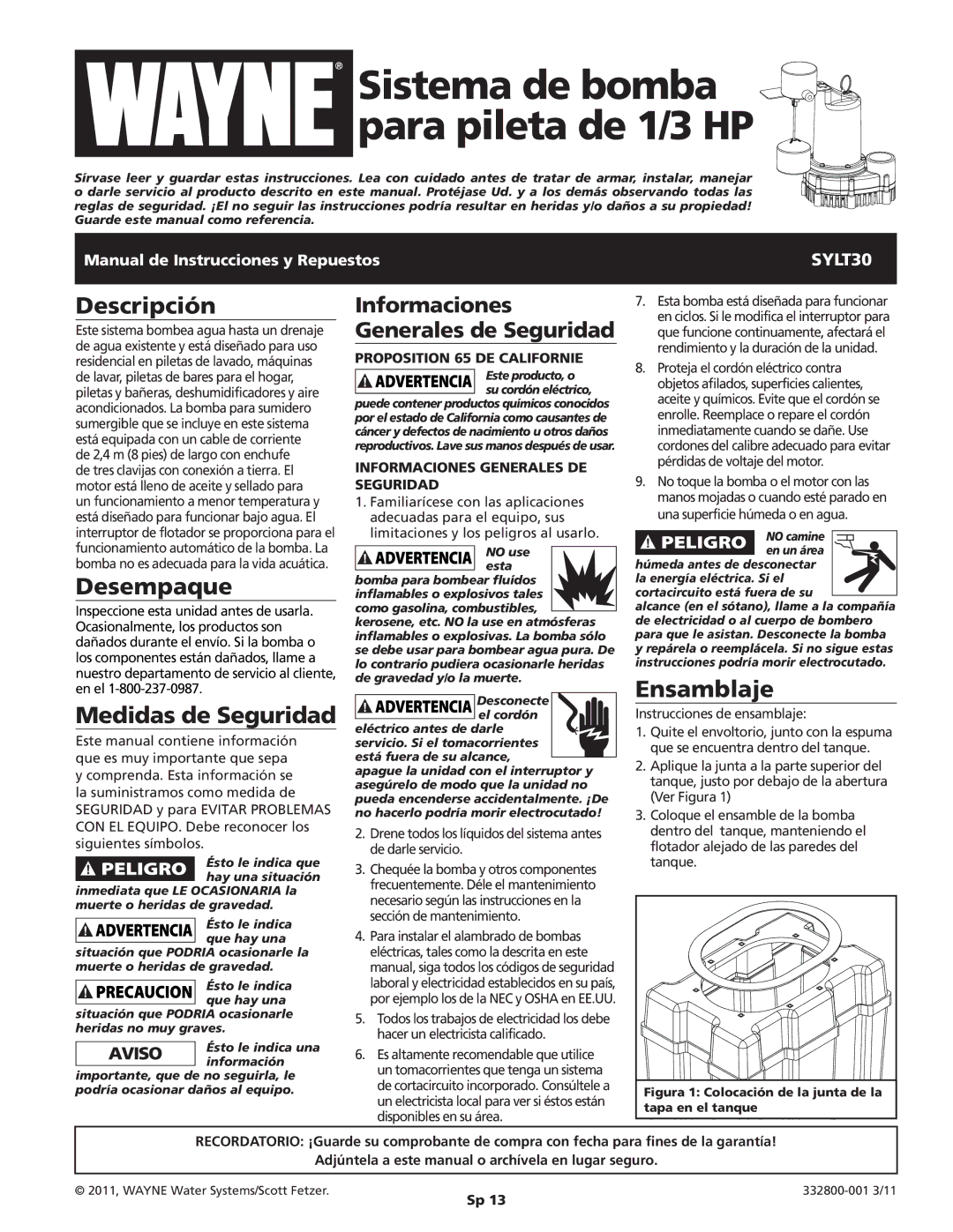 Wayne SYLT30 warranty Descripción, Desempaque, Medidas de Seguridad, Ensamblaje, Instrucciones de ensamblaje 