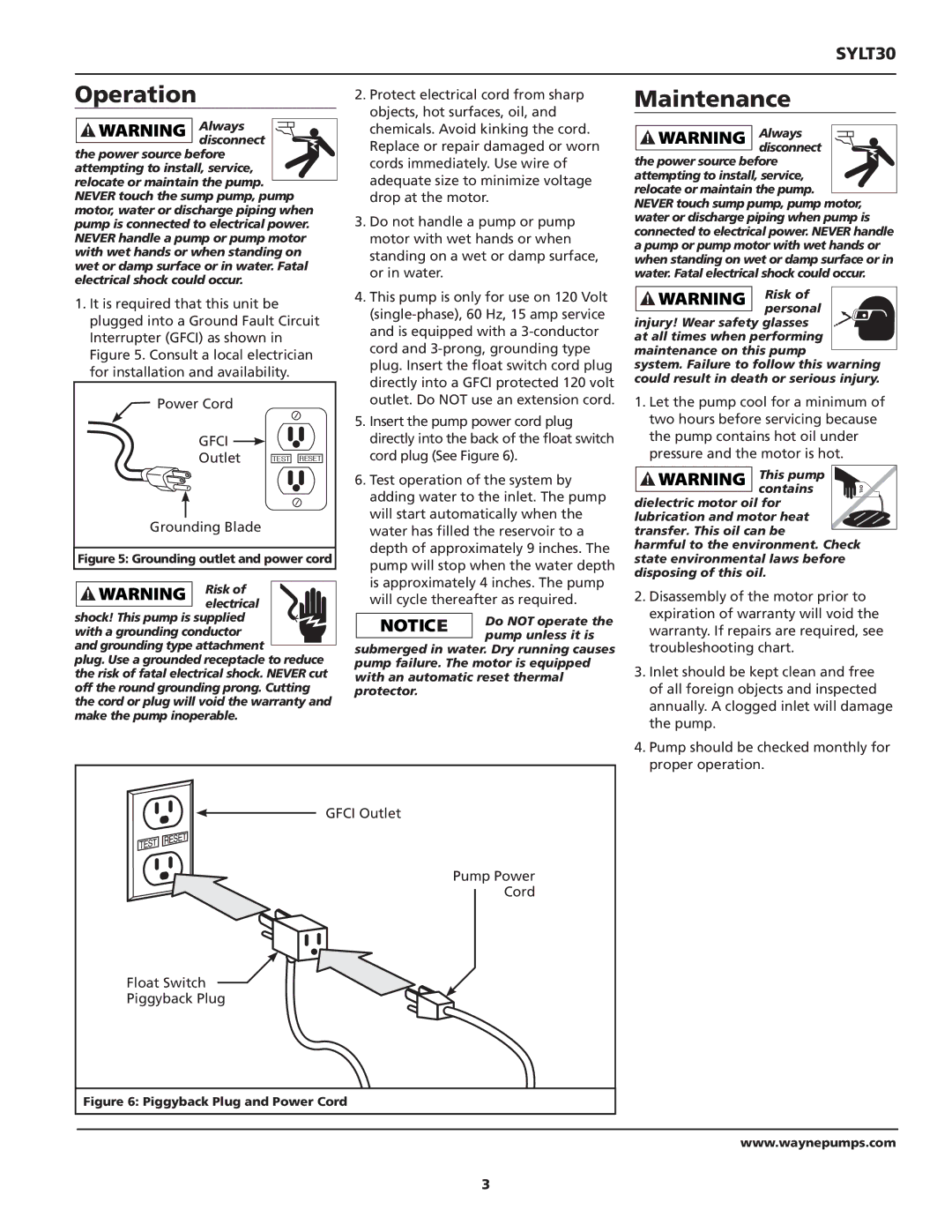 Wayne SYLT30 warranty Operation, Maintenance, Outlet, Grounding Blade, Always disconnect 