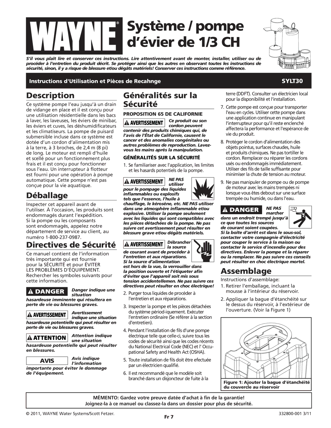 Wayne SYLT30 warranty Déballage, Directives de Sécurité, Généralités sur la Sécurité, Assemblage, NE PAS utiliser 