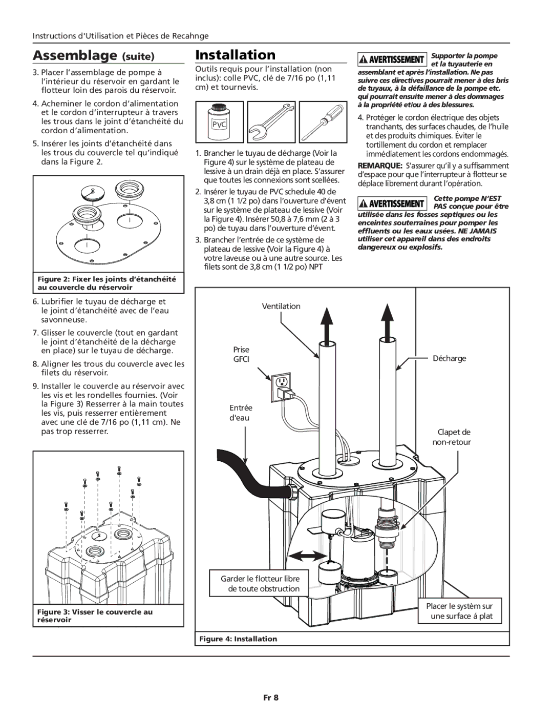 Wayne SYLT30 warranty Assemblage suite, Instructions dUtilisation et Pièces de Recahnge, Filets sont de 3,8 cm 1 1/2 po NPT 