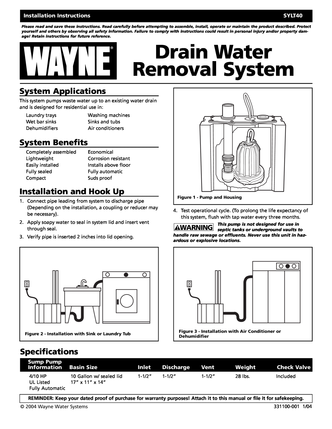 Wayne 331100-001 installation instructions Drain Water Removal System, System Applications, System Benefits, SYLT40, Inlet 