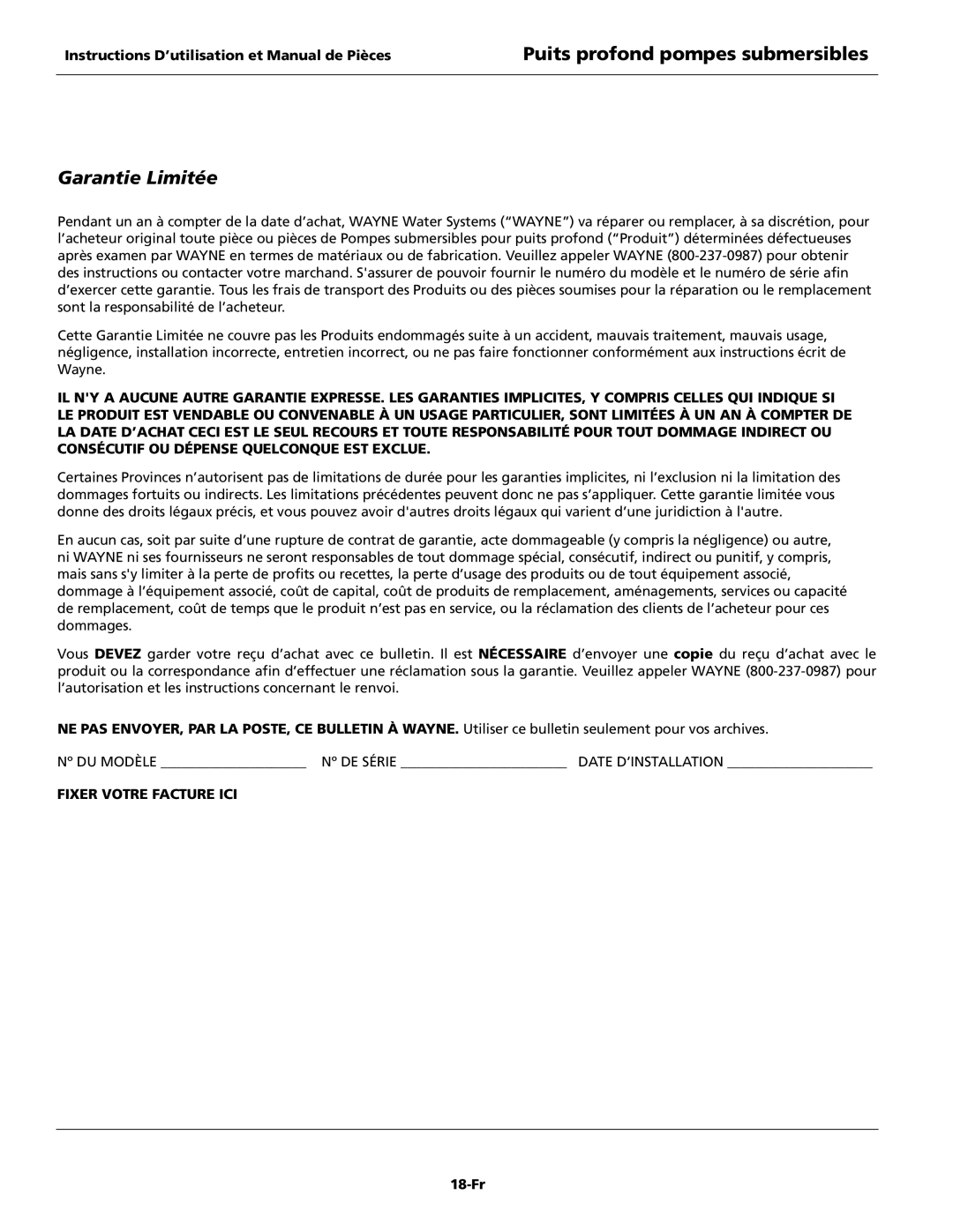 Wayne T75S10-2, T50S10-4, T50S10-2, T75S10-4 Nº DU Modèle Nº DE Série Date D’INSTALLATION, Fixer Votre Facture ICI, 18-Fr 