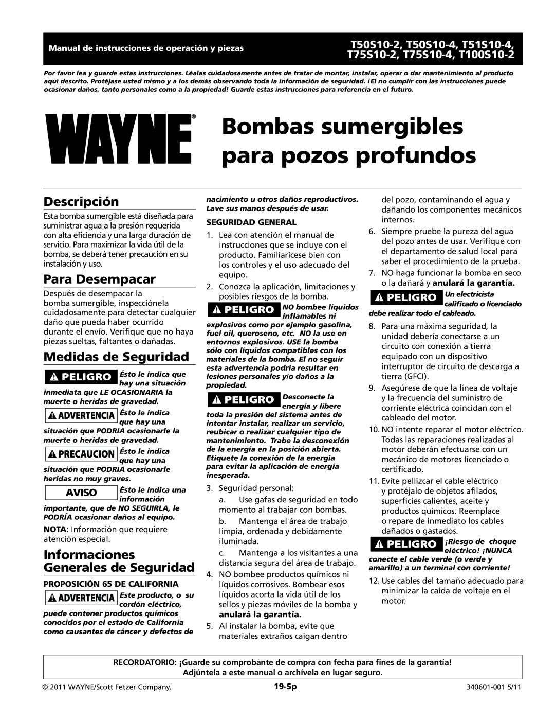 Wayne T50S10-4 Descripción, Para Desempacar, Medidas de Seguridad, Informaciones Generales de Seguridad, Seguridad General 