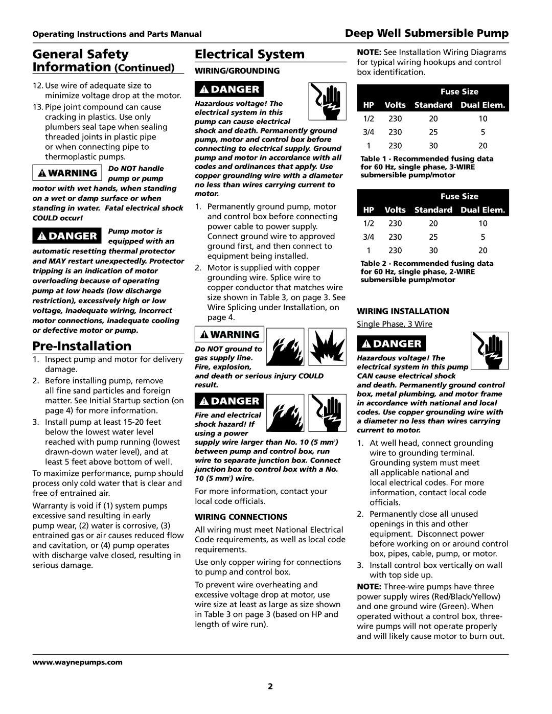 Wayne T50S10-2, T75S10-2, T50S10-4 General Safety Electrical System Information, Pre-Installation, Wiring Connections 