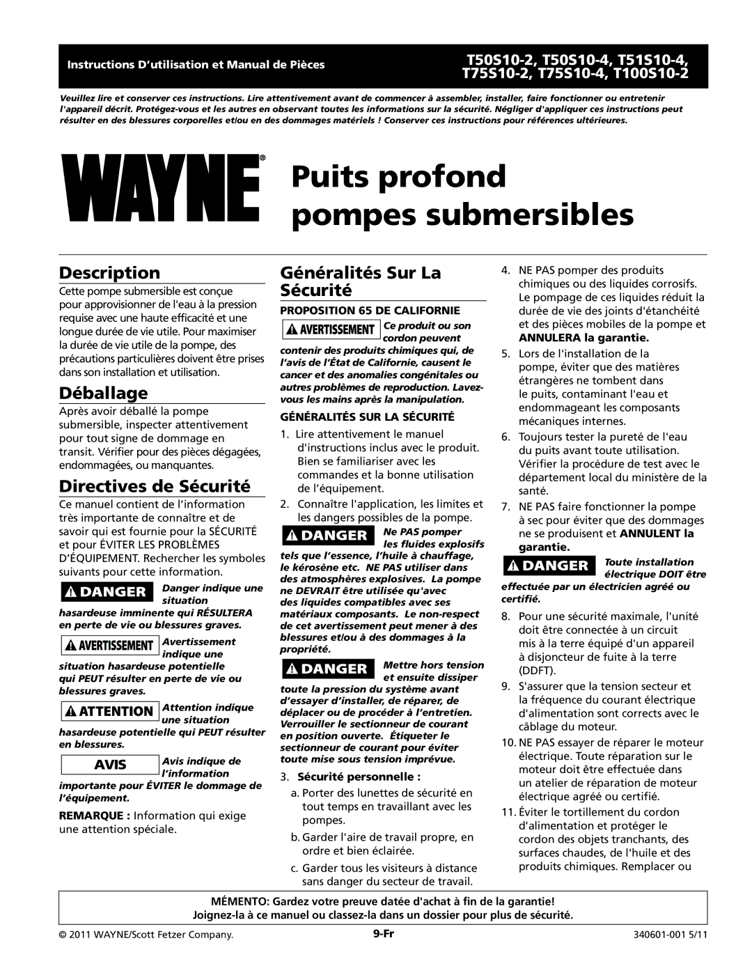 Wayne T75S10-4, T75S10-2 Déballage, Directives de Sécurité, Généralités Sur La Sécurité, Généralités SUR LA Sécurité 