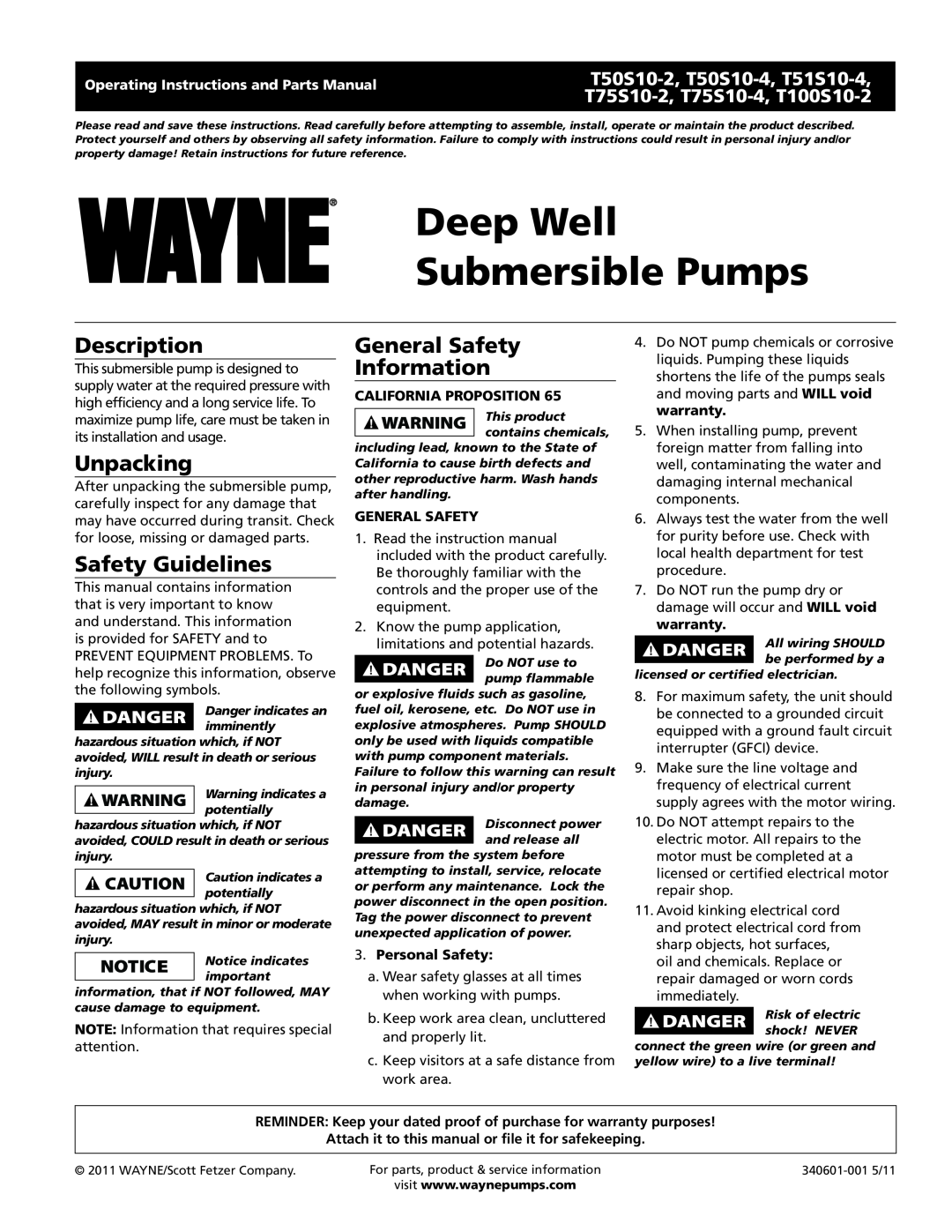 Wayne T50S10-4 warranty Deep Well Submersible Pumps, Description, Unpacking, Safety Guidelines, General Safety Information 