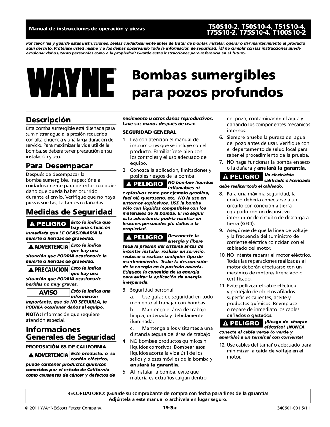 Wayne T50S10-4 warranty Bombas sumergibles para pozos profundos, Descripción, Para Desempacar, Medidas de Seguridad, 19-Sp 