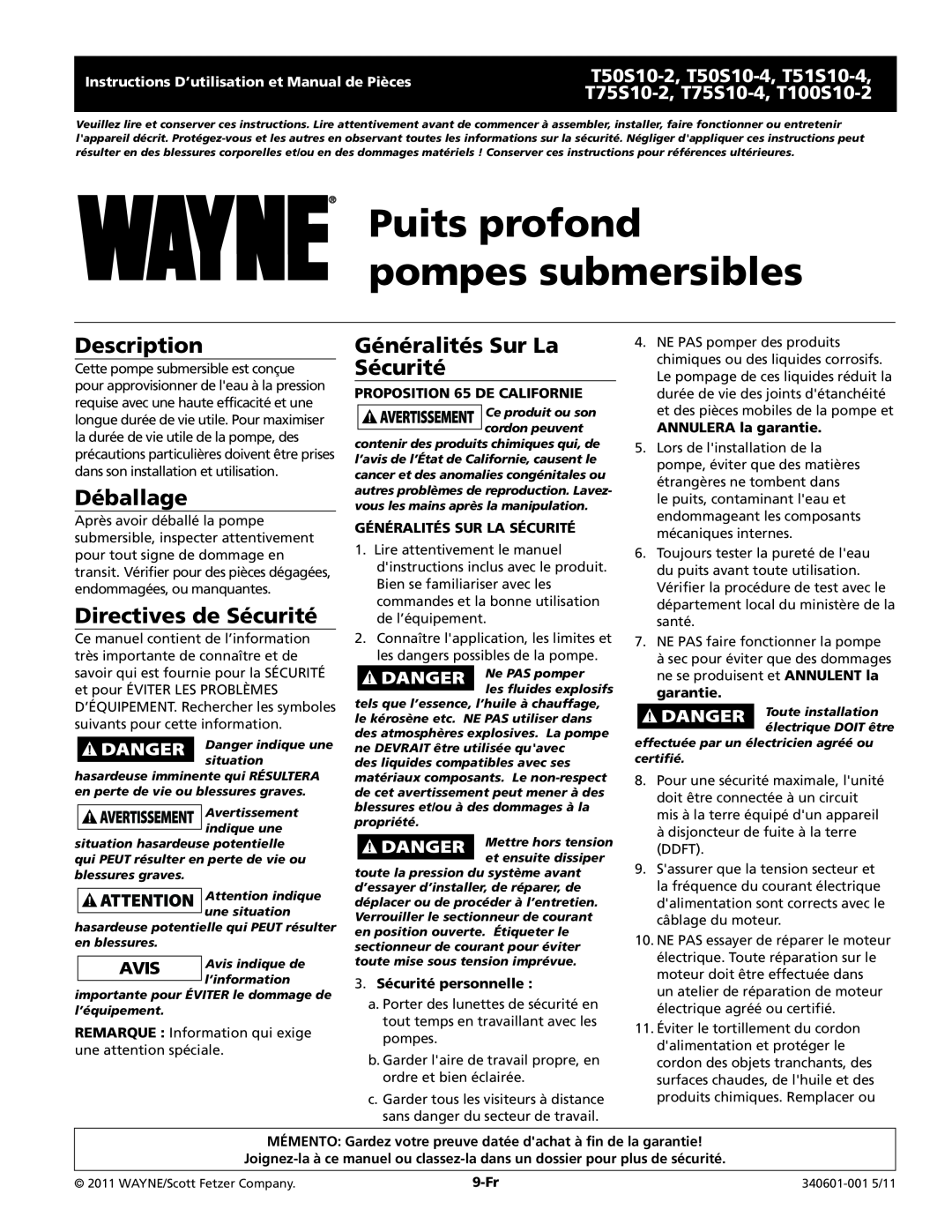 Wayne T75S10-4 Puits profond pompes submersibles, Déballage, Directives de Sécurité, Généralités Sur La Sécurité, 9-Fr 