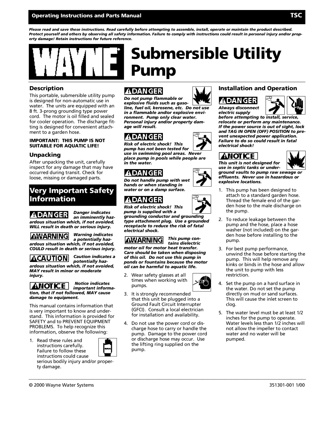 Wayne 351301-001, TSC manual Description, Unpacking, Installation and Operation 