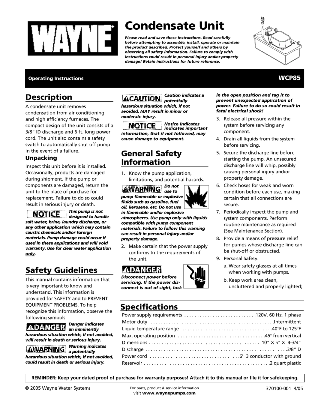 Wayne 370100-001 specifications Description, Safety Guidelines, General Safety Information, Specifications, Unpacking 