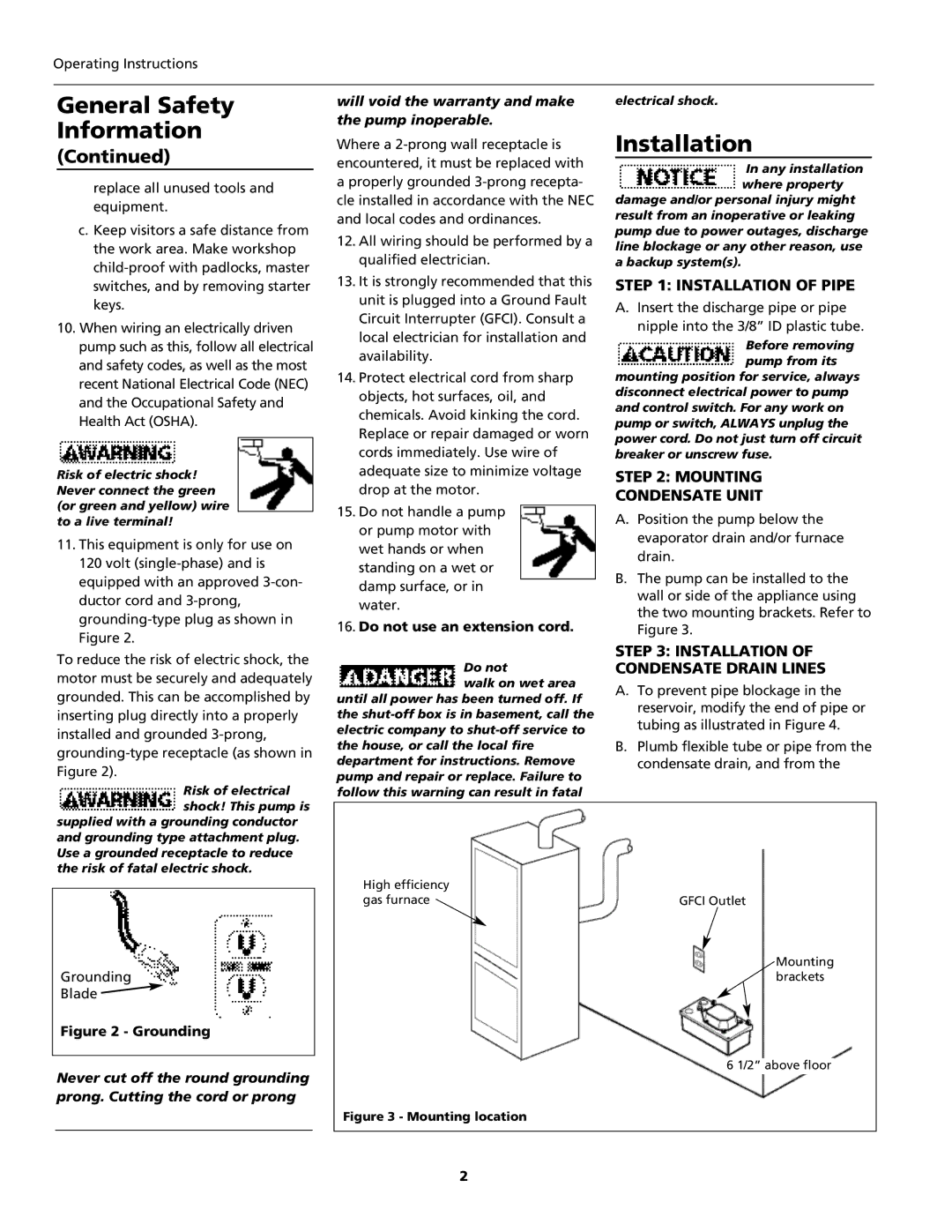 Wayne WCP85, 370100-001 Installation of Pipe, Mounting Condensate Unit, Installation of Condensate Drain Lines 