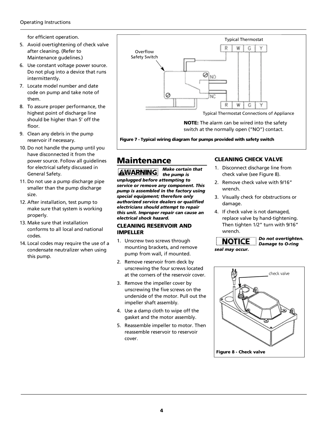 Wayne WCP85, 370100-001 specifications Maintenance, Cleaning Check Valve, Cleaning Reservoir, Impeller 