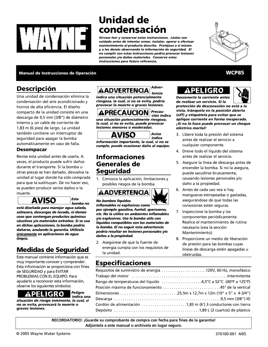 Wayne 370100-001 Descripción, Medidas de Seguridad, Informaciones Generales de Seguridad, Especificaciones, Desempacar 