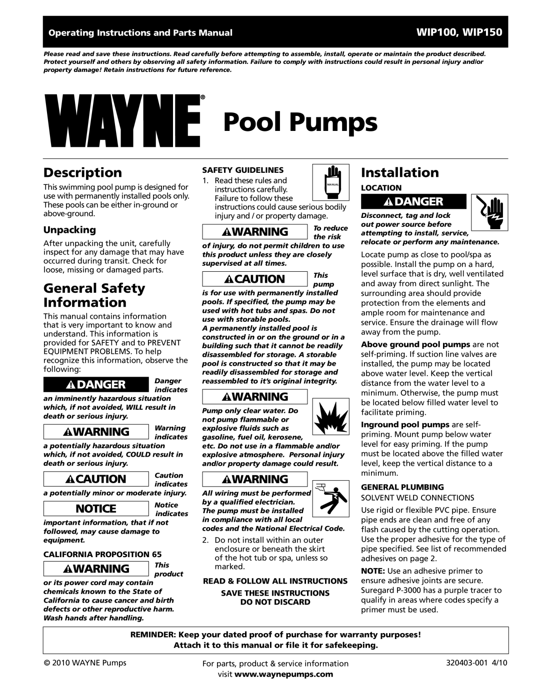 Wayne WIP100, WIP150 operating instructions Description, General Safety Information, Installation 