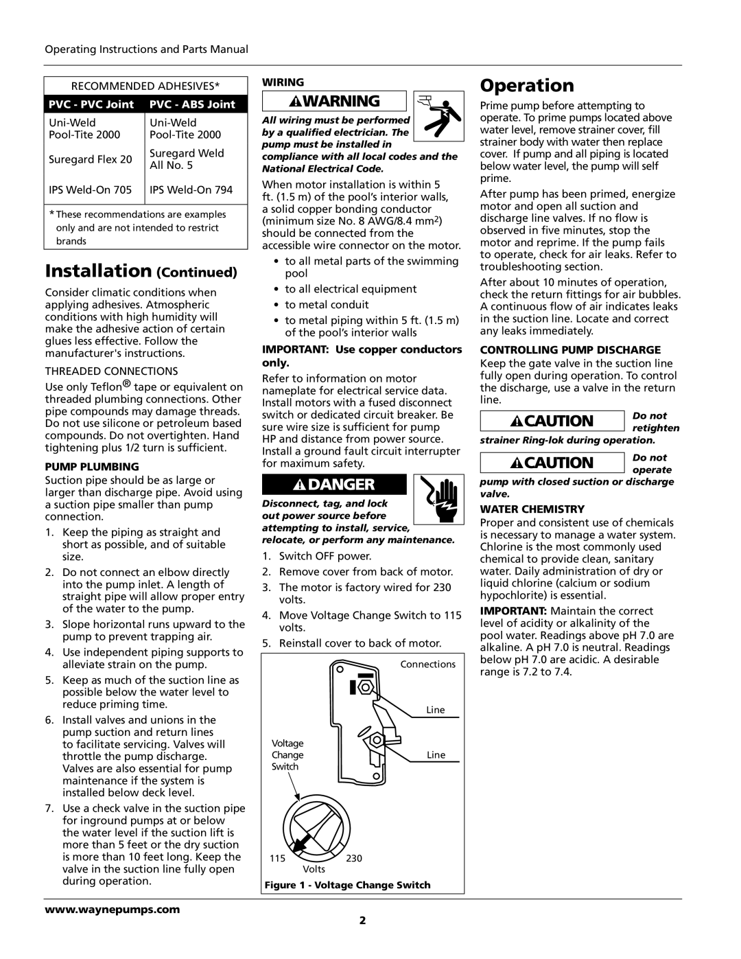 Wayne WIP150, WIP100 operating instructions Operation, Wiring, Controlling Pump Discharge, Pump Plumbing, Water Chemistry 